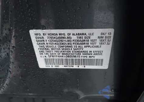 2013 Honda Pilot Ex из США, поврежденный, VIN 5FNYF4H41DB059615